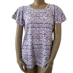 CW CLASSICS Womens White Purple Blue Aztec Print Flutter Sleeve Tunic Top 2X